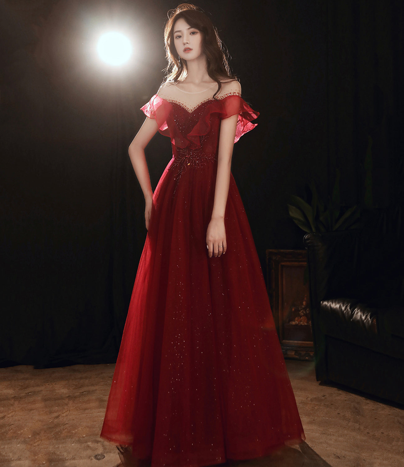 Burgundy tulle beads long prom dress A line evening gown 10481