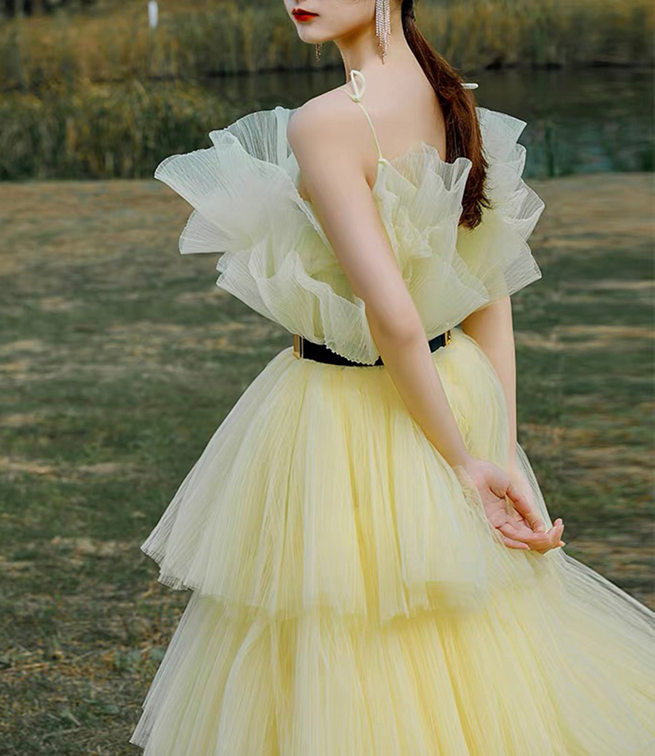 Yellow tulle long ball gown dress A line evening gown 10304