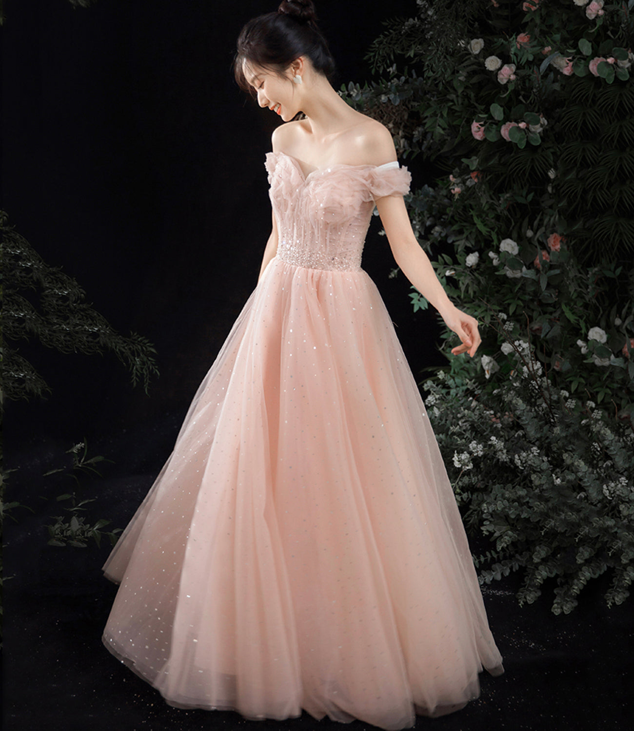 Pink tulle long A line prom dress pink evening dress 8844