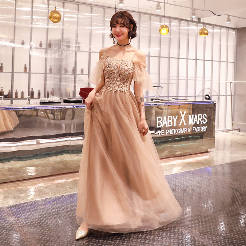 Coffee tulle lace long prom dress evening dress 8212