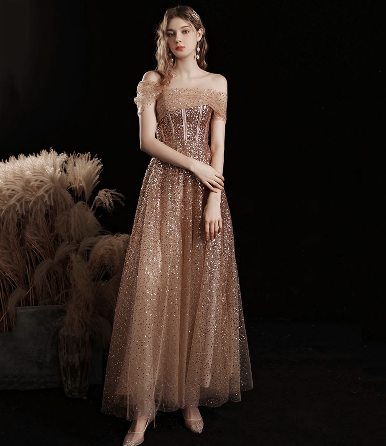 Shiny tulle sequins tea length prom dress evening dress 10412