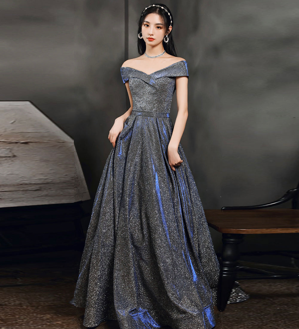 Simple A line v neck long prom dress off shoulder evening dress 8503
