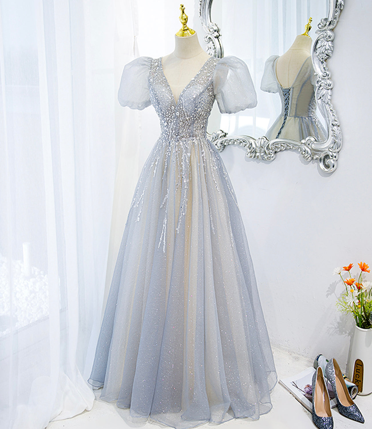 Gray tulle beads long prom dress A line evening gown 10488