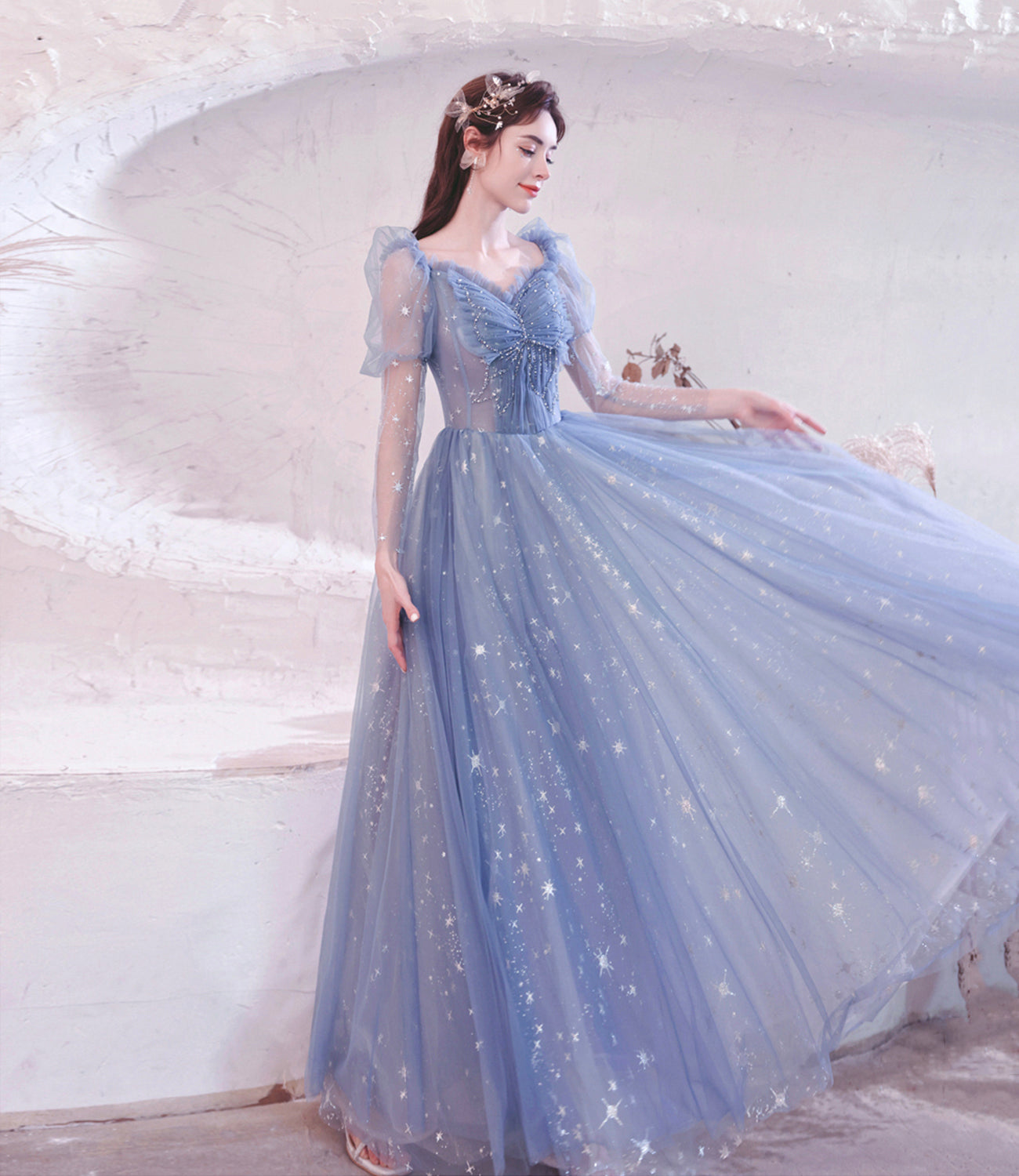Blue tulle long A line prom dress blue evening dress 10530