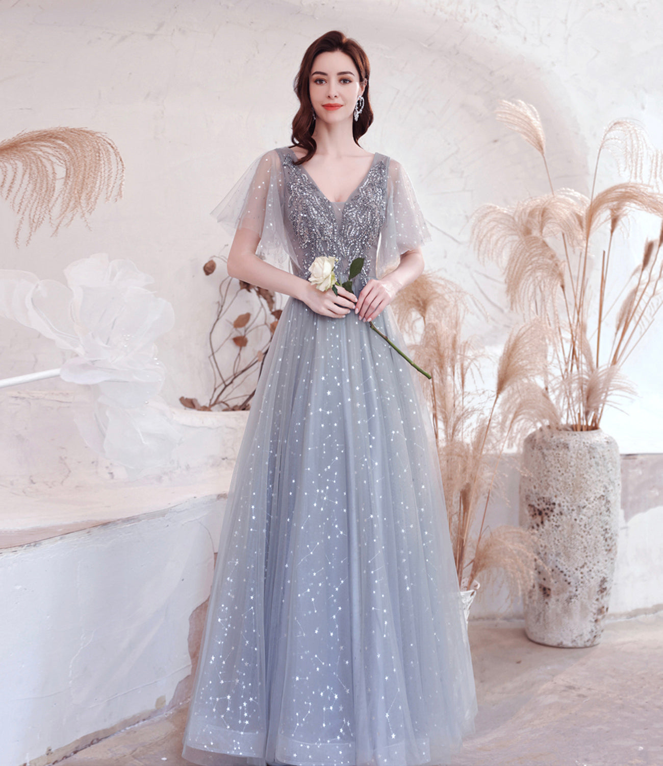 Gray tulle sequins long prom dress A line evening dress 10528