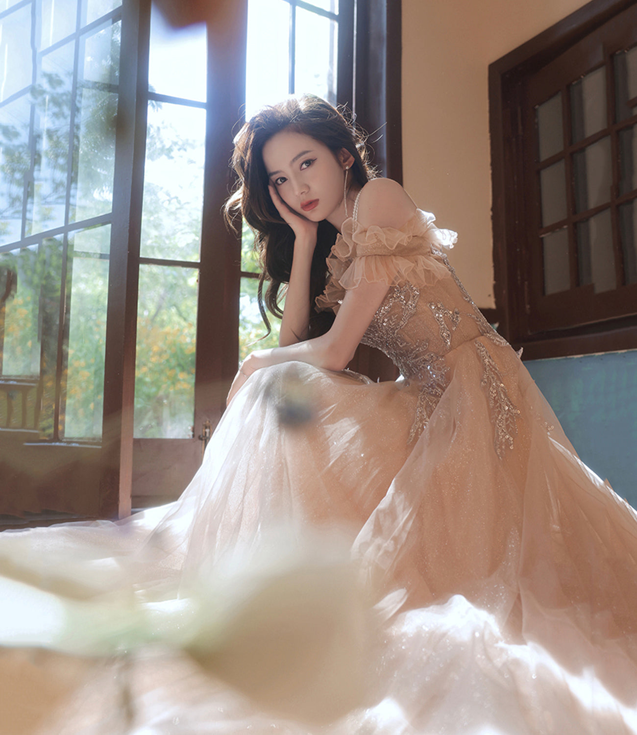 Champagne tulle long prom dress A line evening dress 10388
