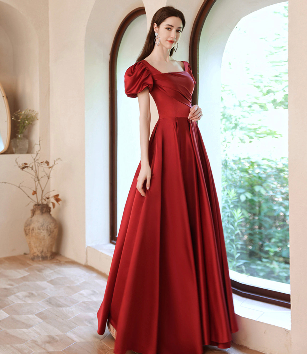 Burgundy satin long A line prom dress evening dress 8829