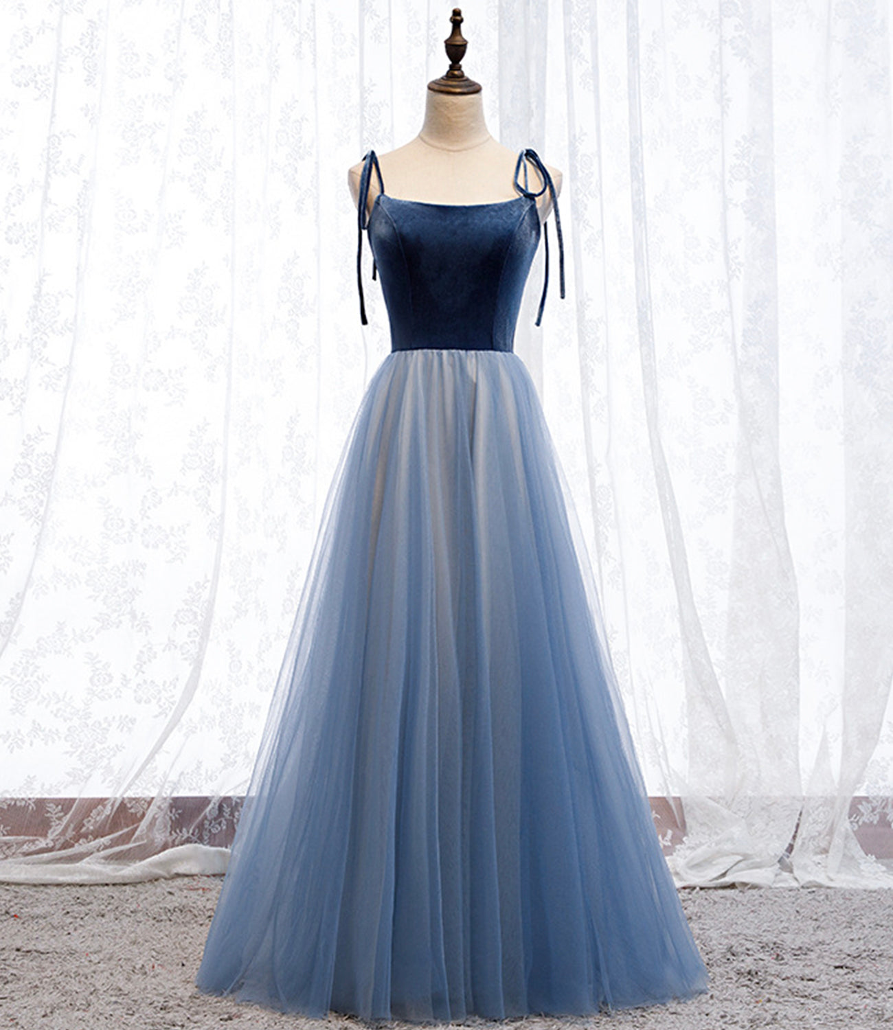 Blue velvet tulle long prom dress blue evening dress 8637