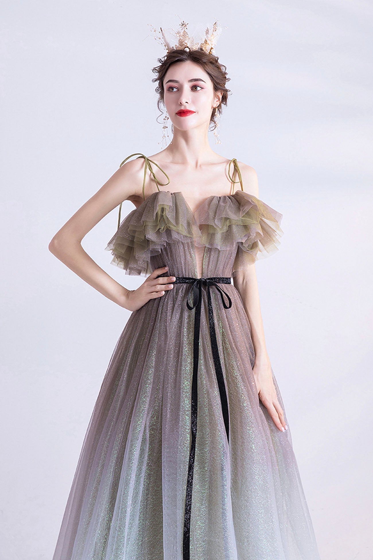 Gray green tulle sequins long prom dress evening dress 10616