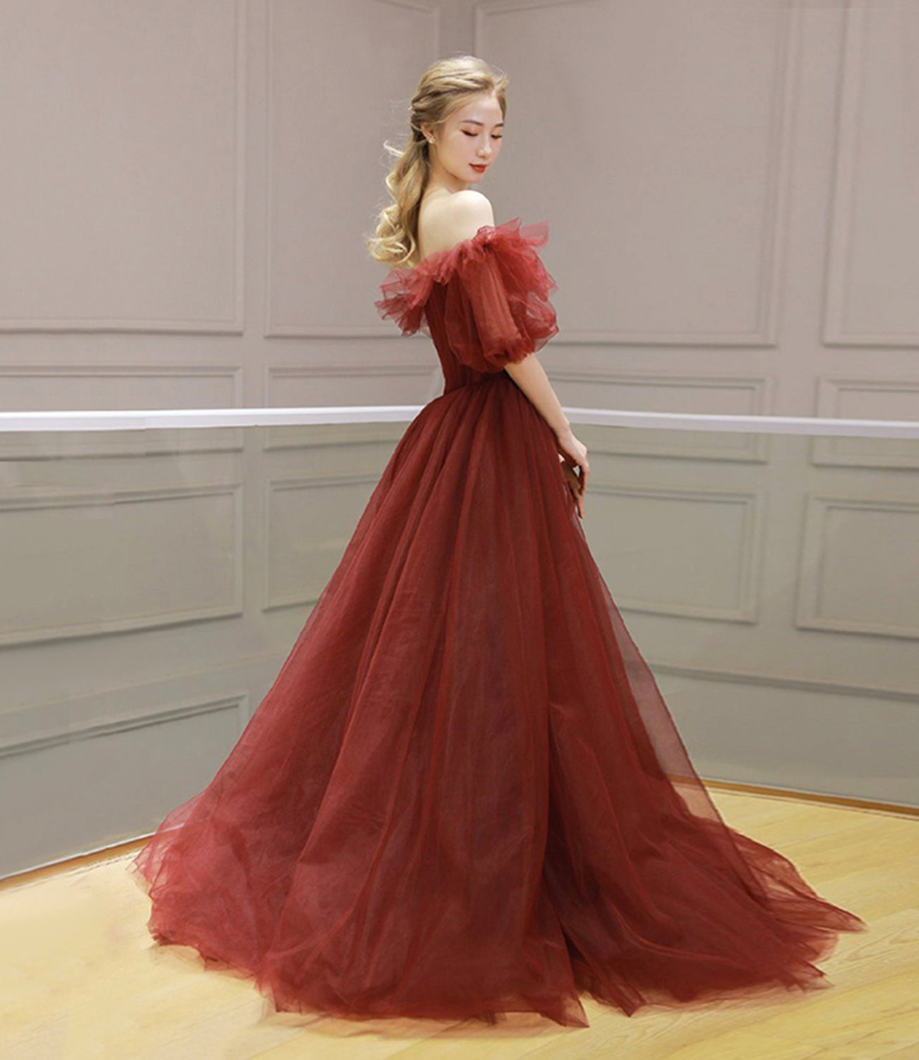 Burgundy tulle long prom dress A line evening dress 8579