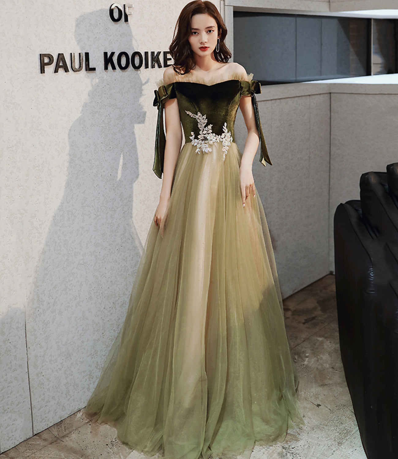 Green velvet tulle long A line prom dress evening dress 8828