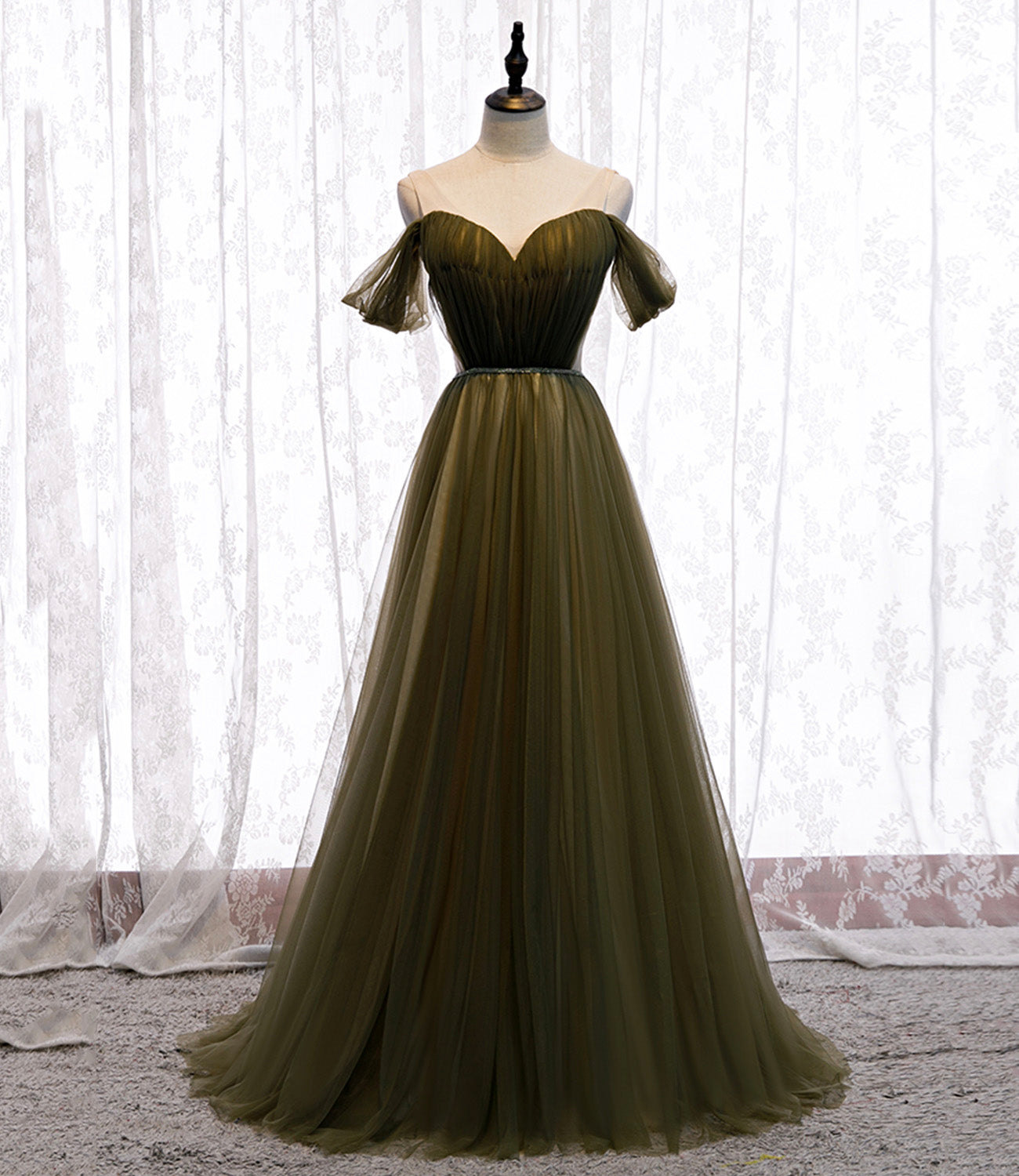 Green tulle long A line prom dress green evening dress 8929