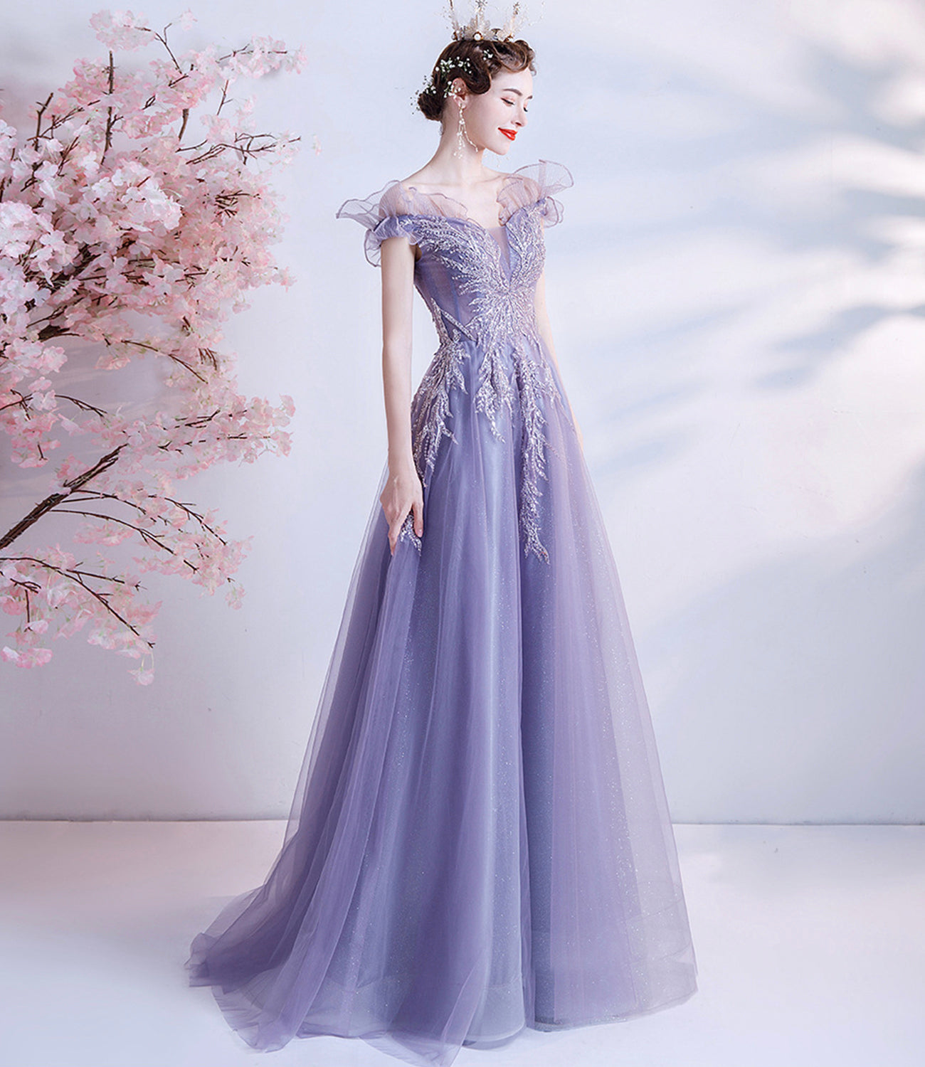 Purple tulle sequins long prom dress A line evening dress 10463