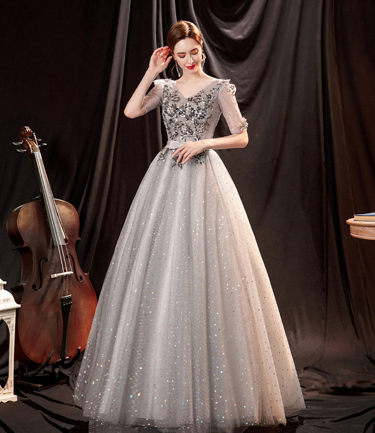 Gray tulle sequins long prom dress A line evening dress 8996