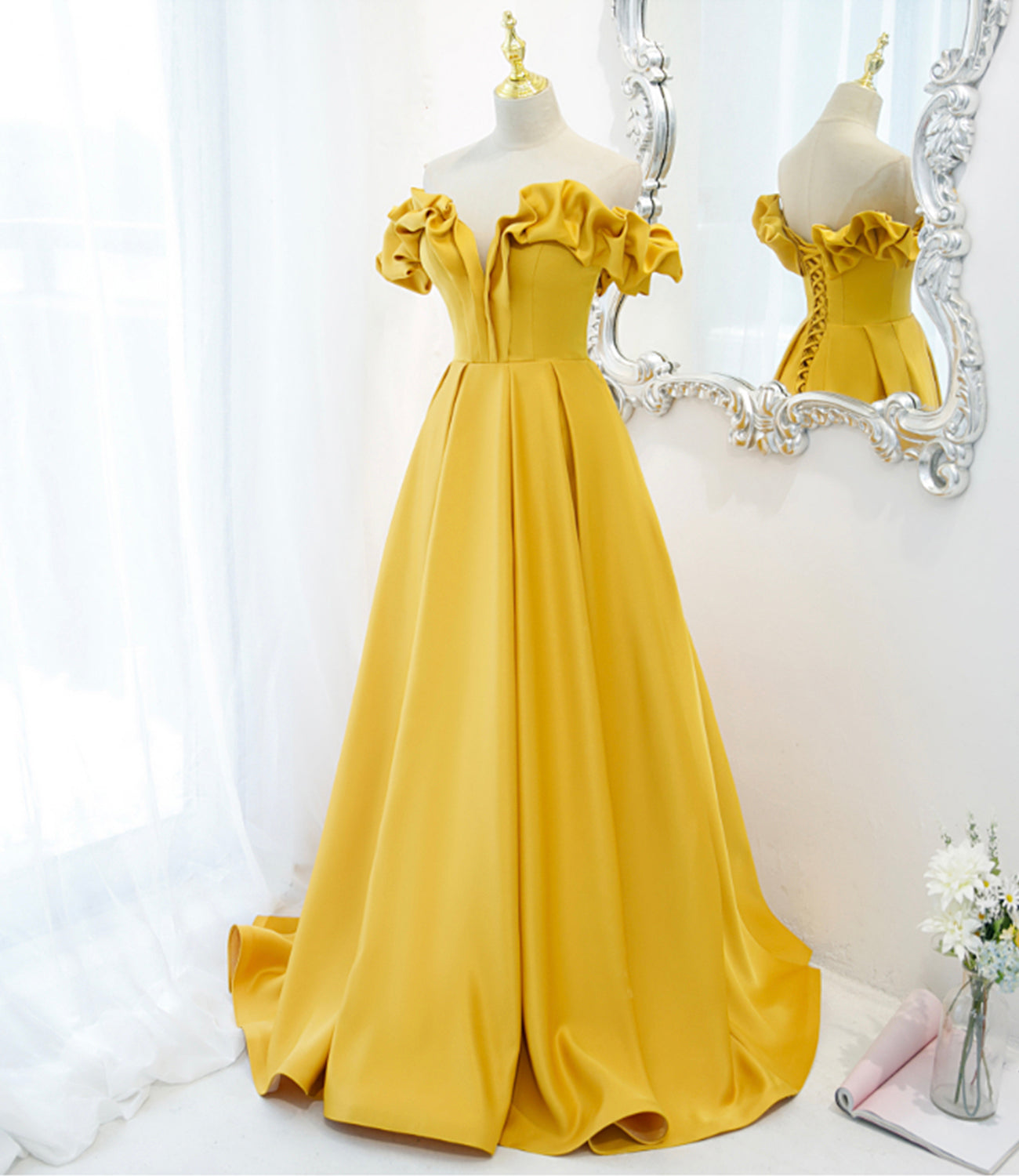 Yellow satin long A line prom dress evening dress 8812