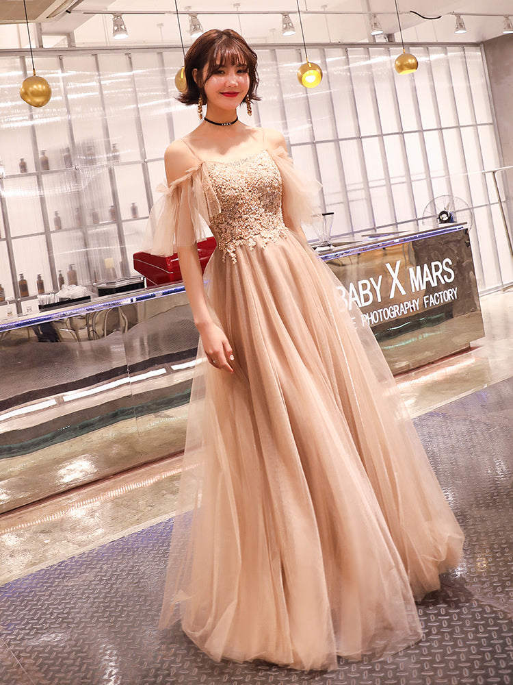 Coffee tulle lace long prom dress evening dress 8212