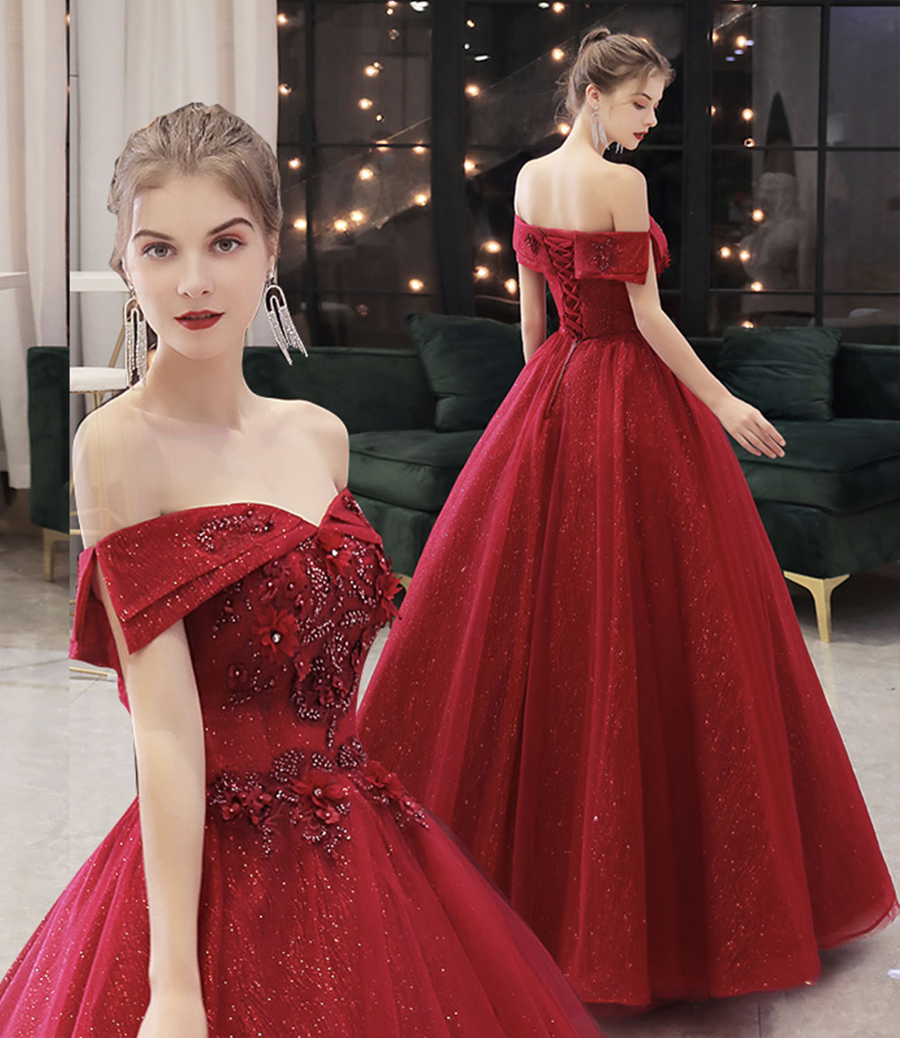 Burgundy tulle lace long prom dress A line evening gown 10323