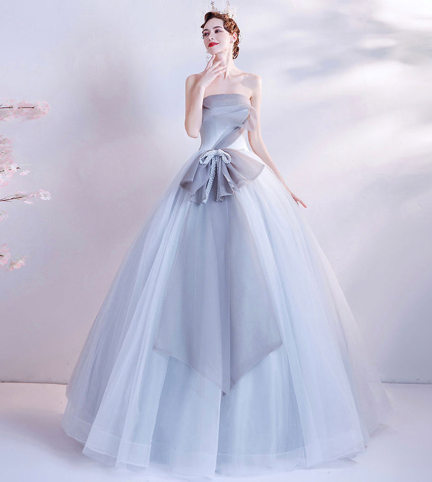 Gray tulle long prom dress gray evening dress 8432