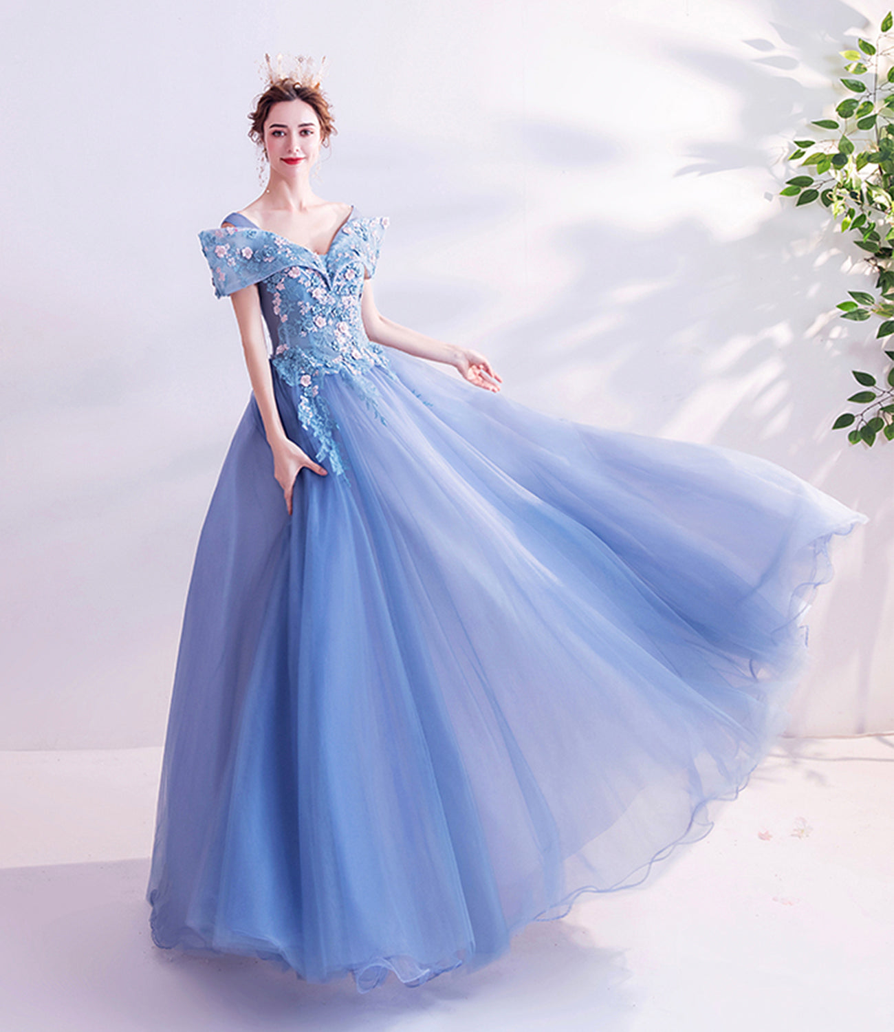 Blue tulle lace long prom dress A line formal dresses 10455