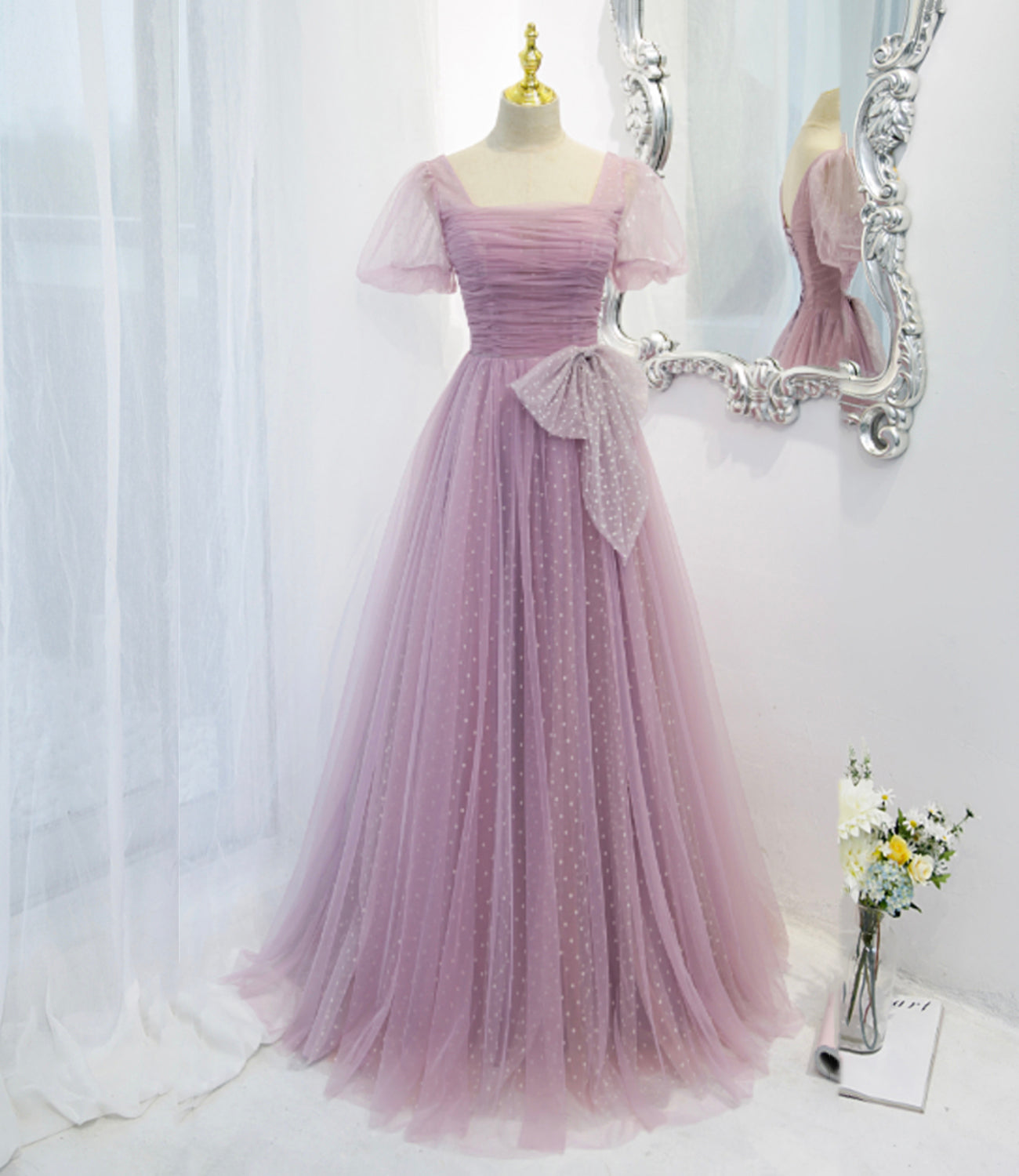 Purple tulle long A line prom dress evening dress 8820