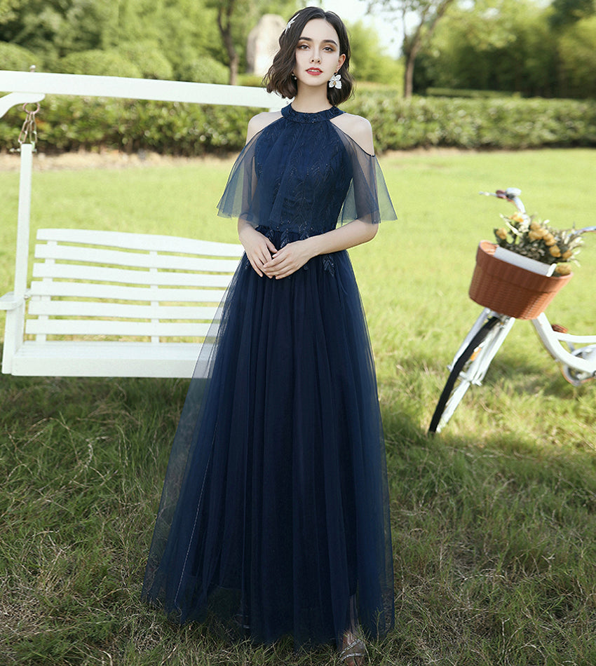 Blue tulle lace long prom dress blue evening dress 8404