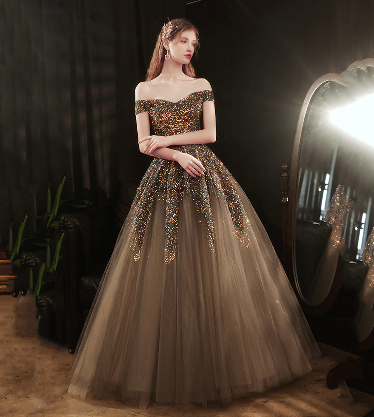 Shiny sequins long prom dress A line evening dress 8577