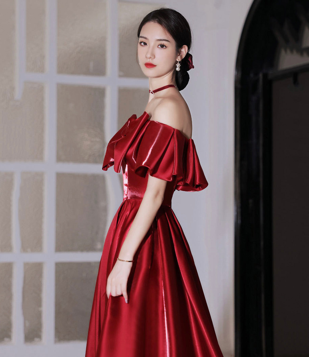 Red satin long prom dress A line evening dress 10582