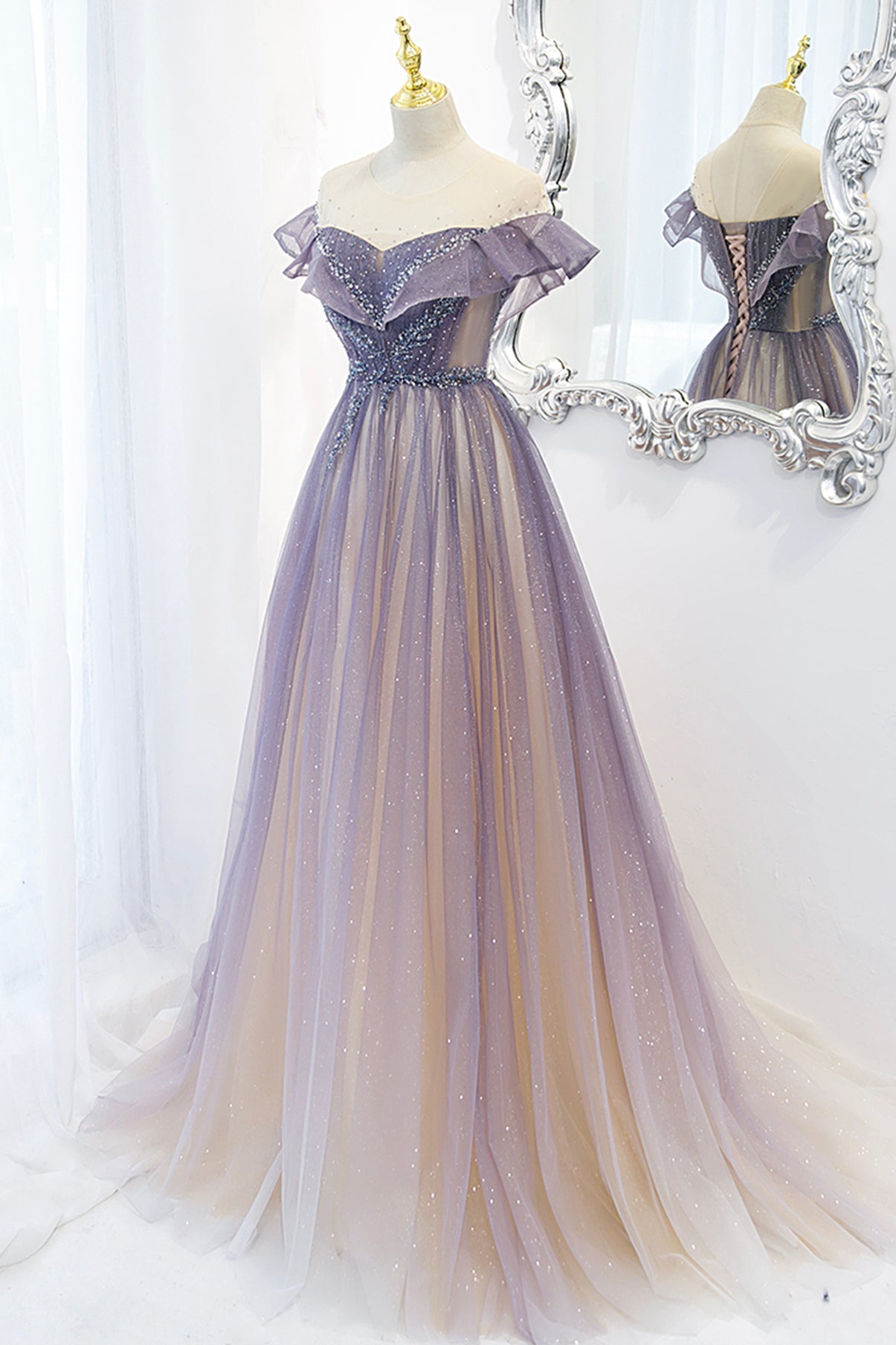 Purple tulle long A line prom dress evening dress 8733