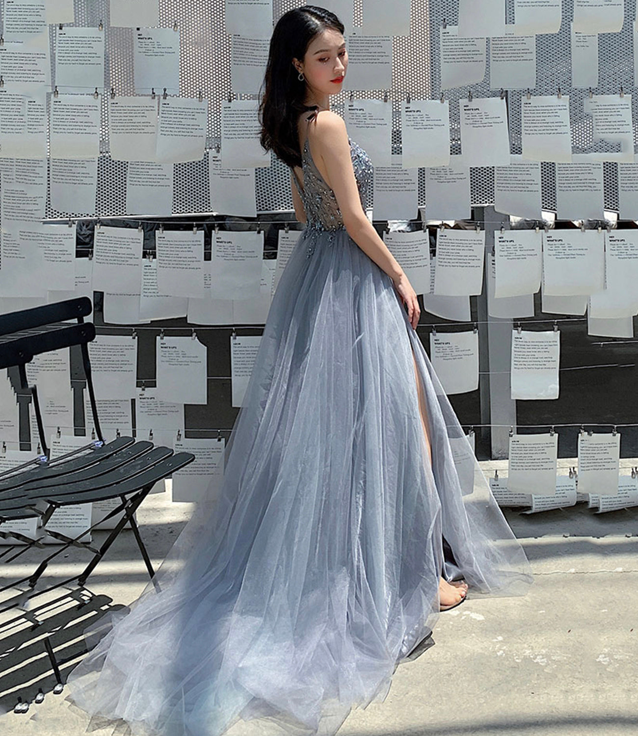 Blue tulle beads long prom dress blue evening dress 10453