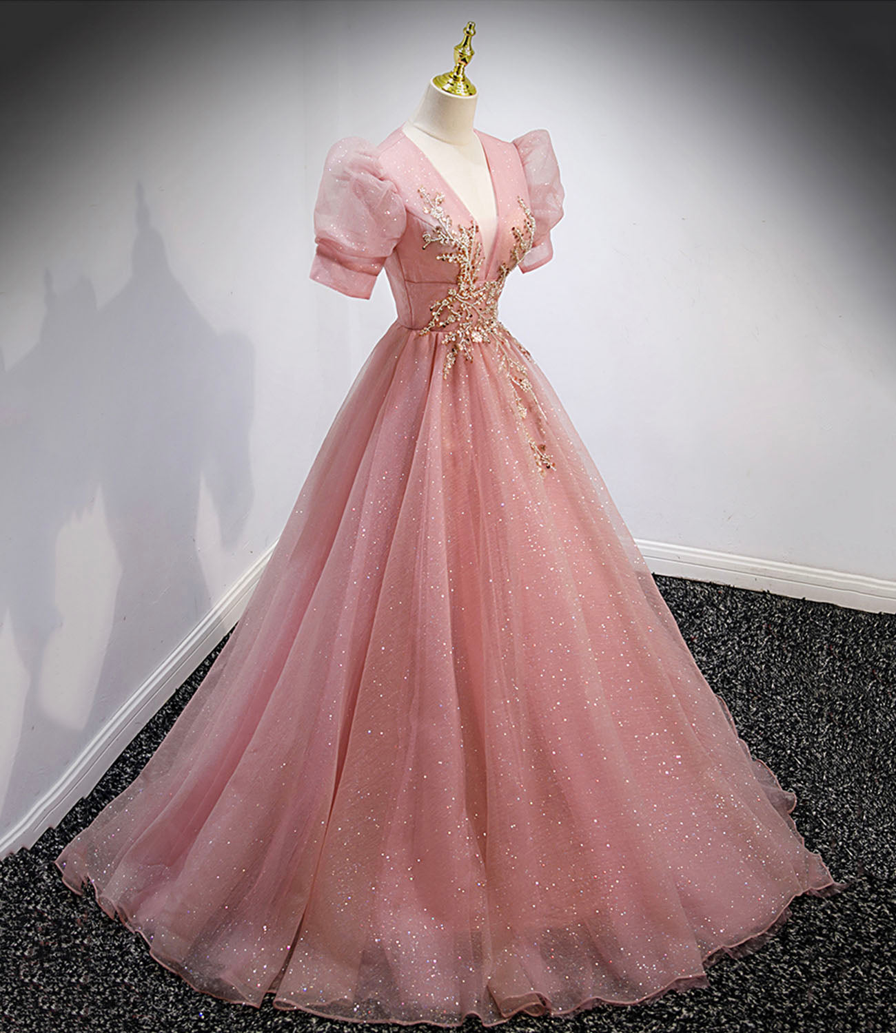 Pink tulle beads long prom dress A line evening gown 10162