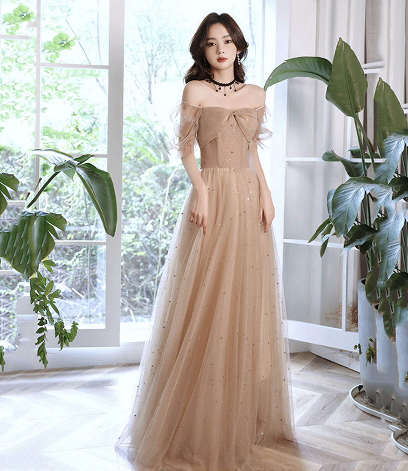 Cute tulle long prom dress A line evening dress 10430
