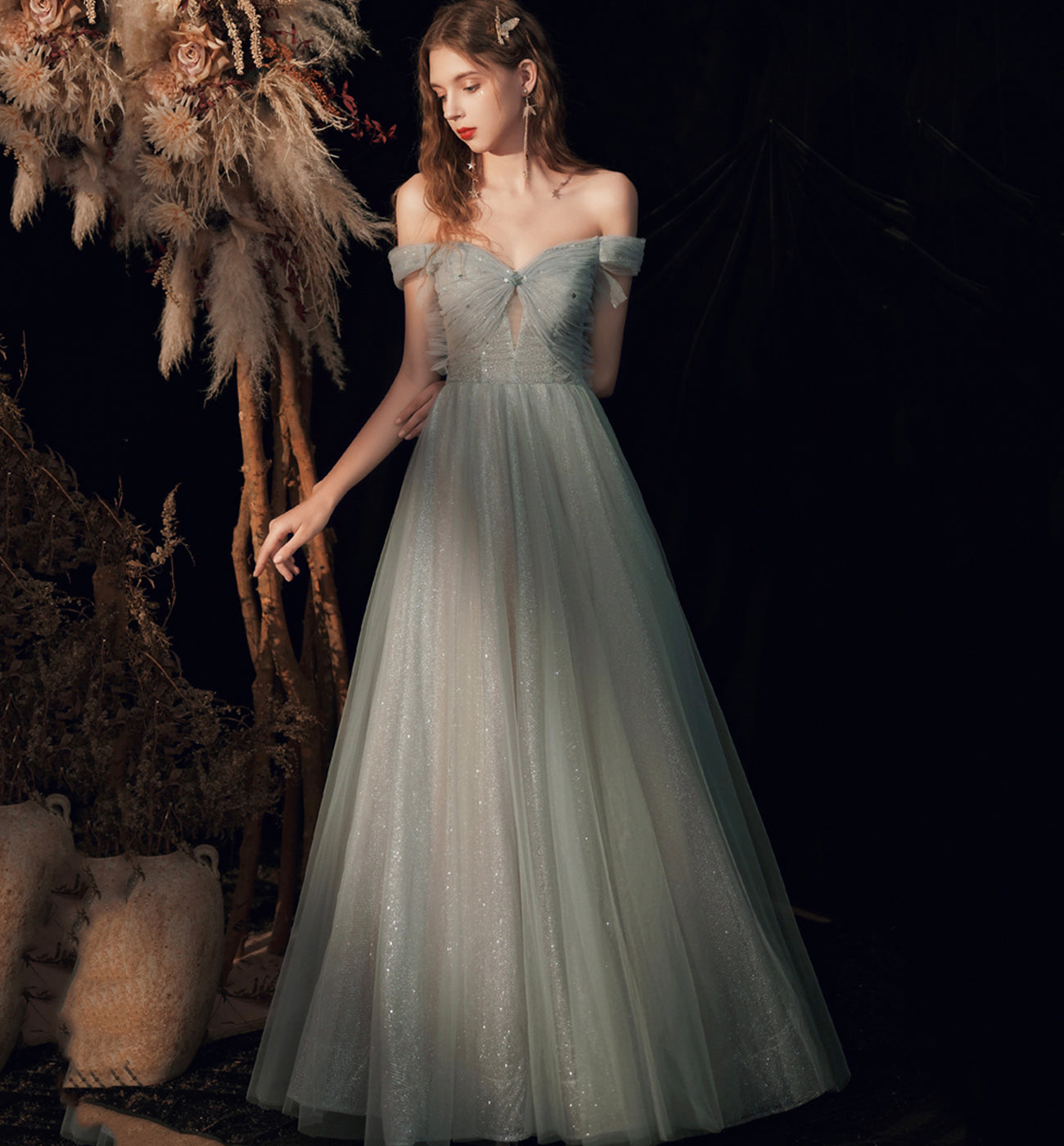 Shiny tulle sequins long prom dress green evening dress 8620