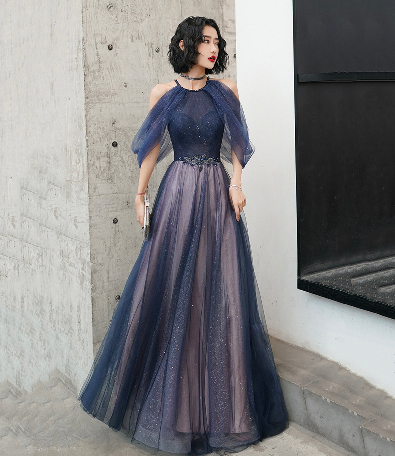 Blue tulle sequins long prom dress blue evening dress 10497