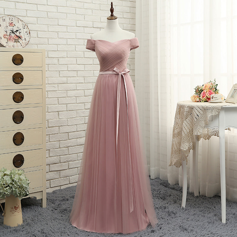 Pink tulle off shoulder A line long prom dress, pink evening dresses 7795