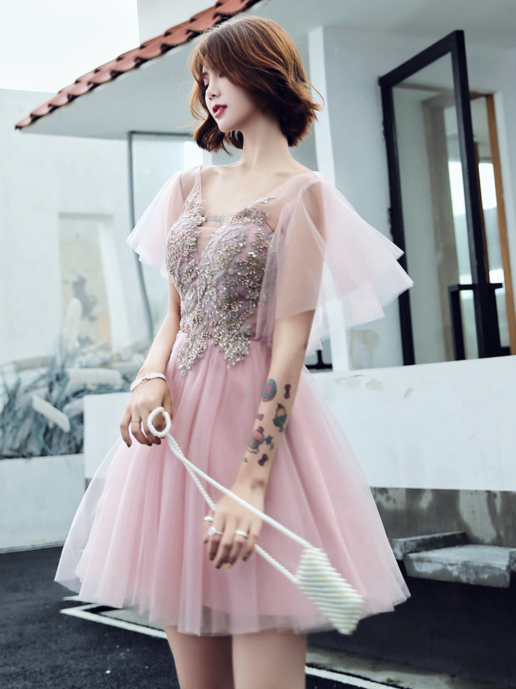 Pink v neck tulle short prom dress 8222