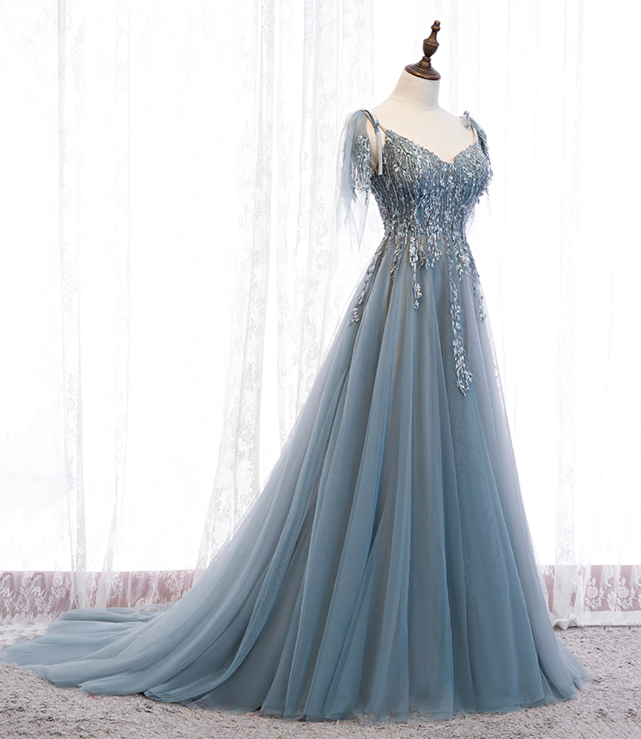 Blue tulle lace long prom dress blue evening dress 10356