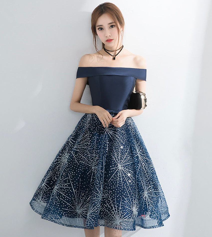 Blue tulle sequins short prom dress party dress 8539