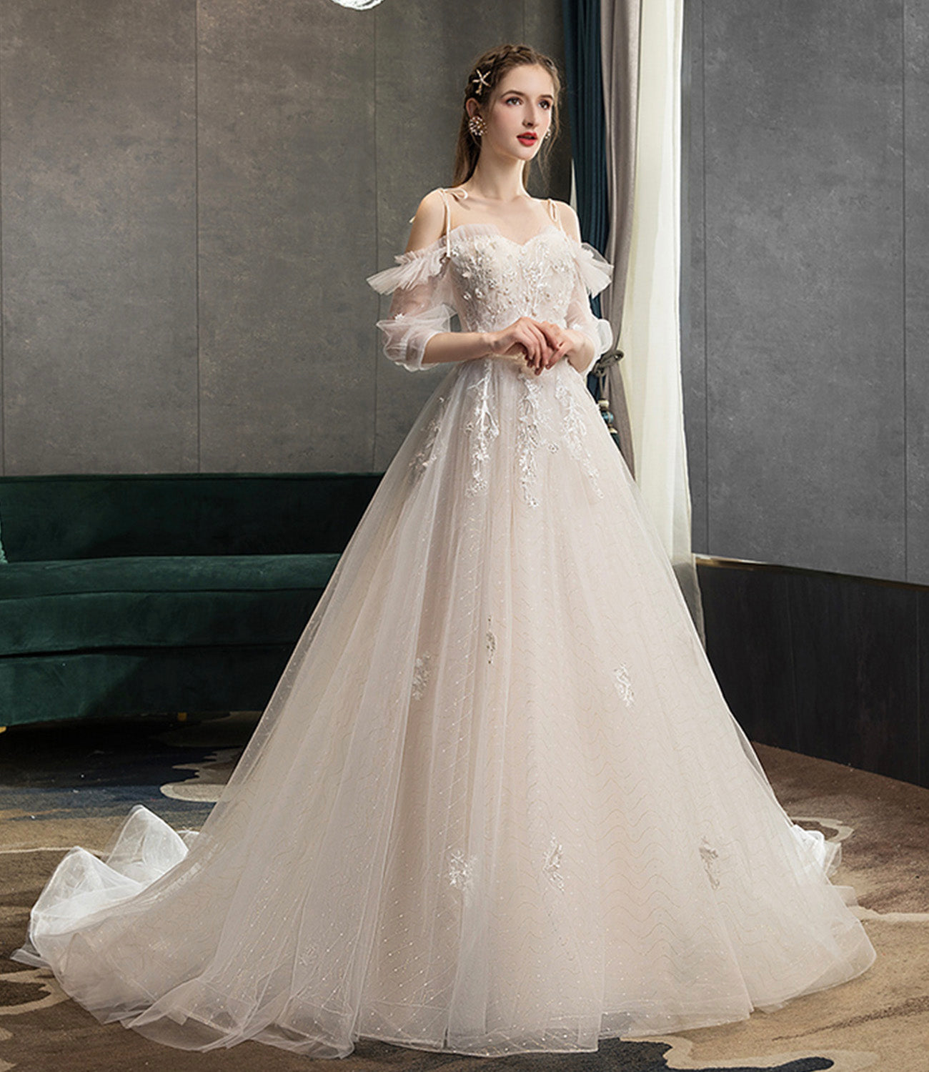 Cute tulle lace long prom dress A line evening dress 10573
