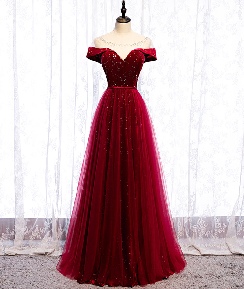 Burgundy velvet tulle long prom dress evening dress 8400
