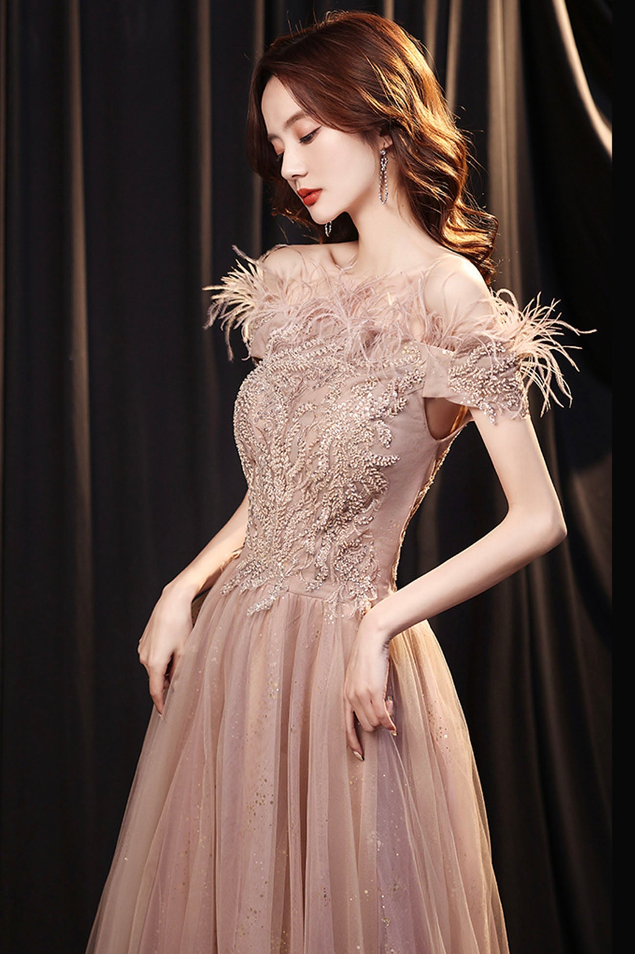 Cute tulle lace long prom dress A line evening gown 10165