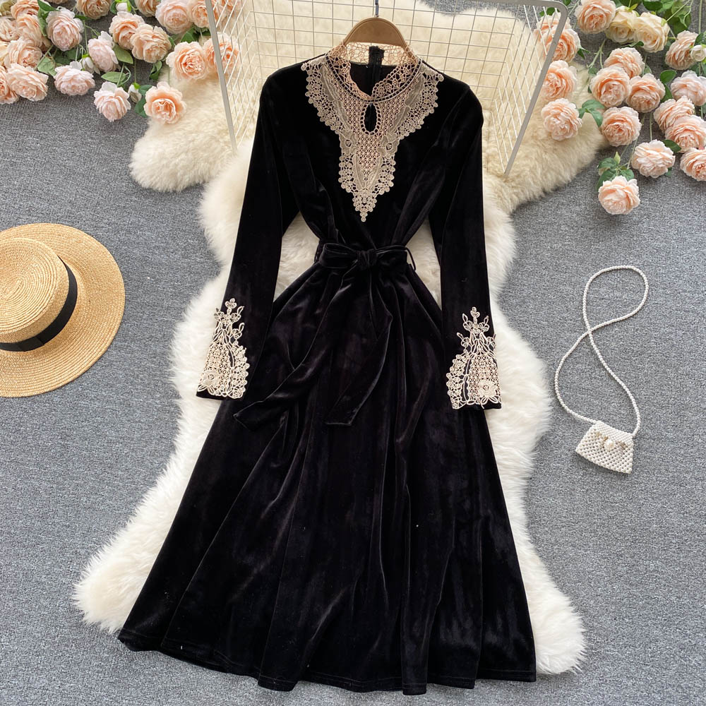 Black Velvet Lace Long Sleeve Dress Fashion Dress 10846