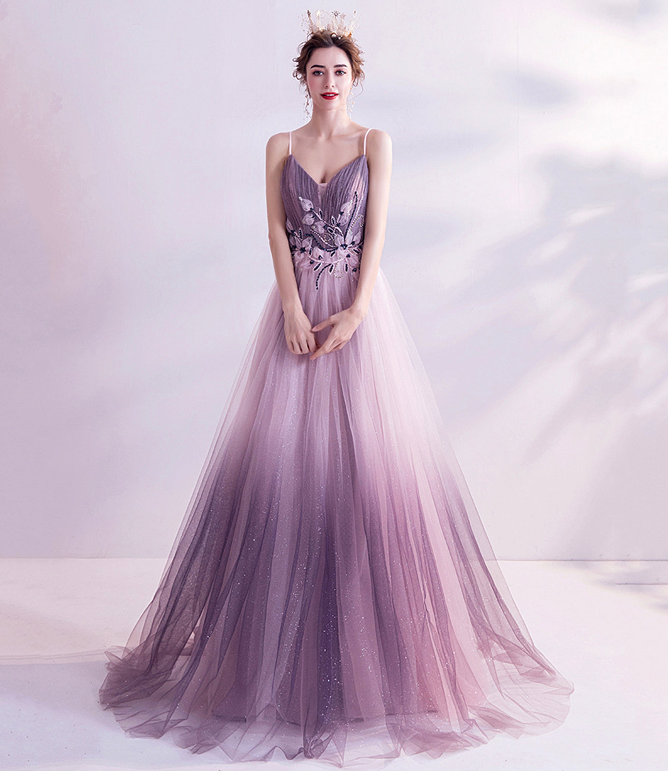 Purple tulle sequins long prom dress purple evening dress 10479