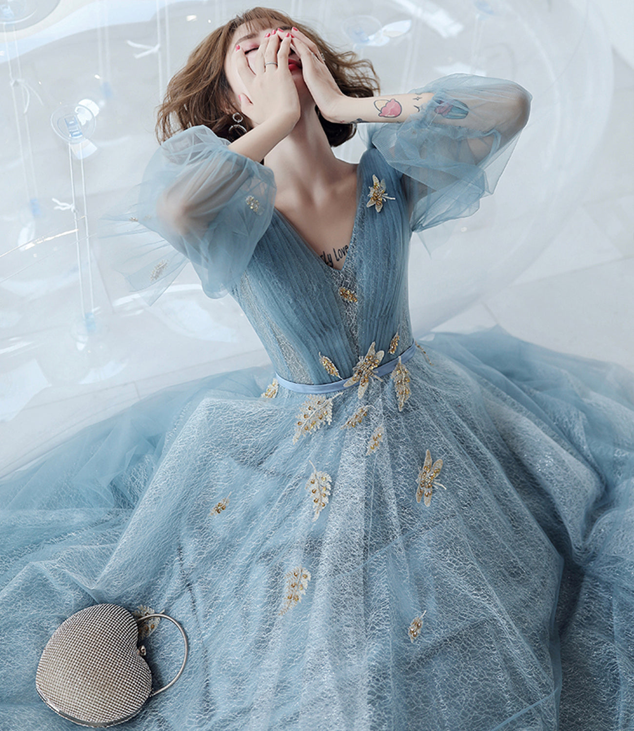 Blue tulle lace long A line prom dress evening dress 8827