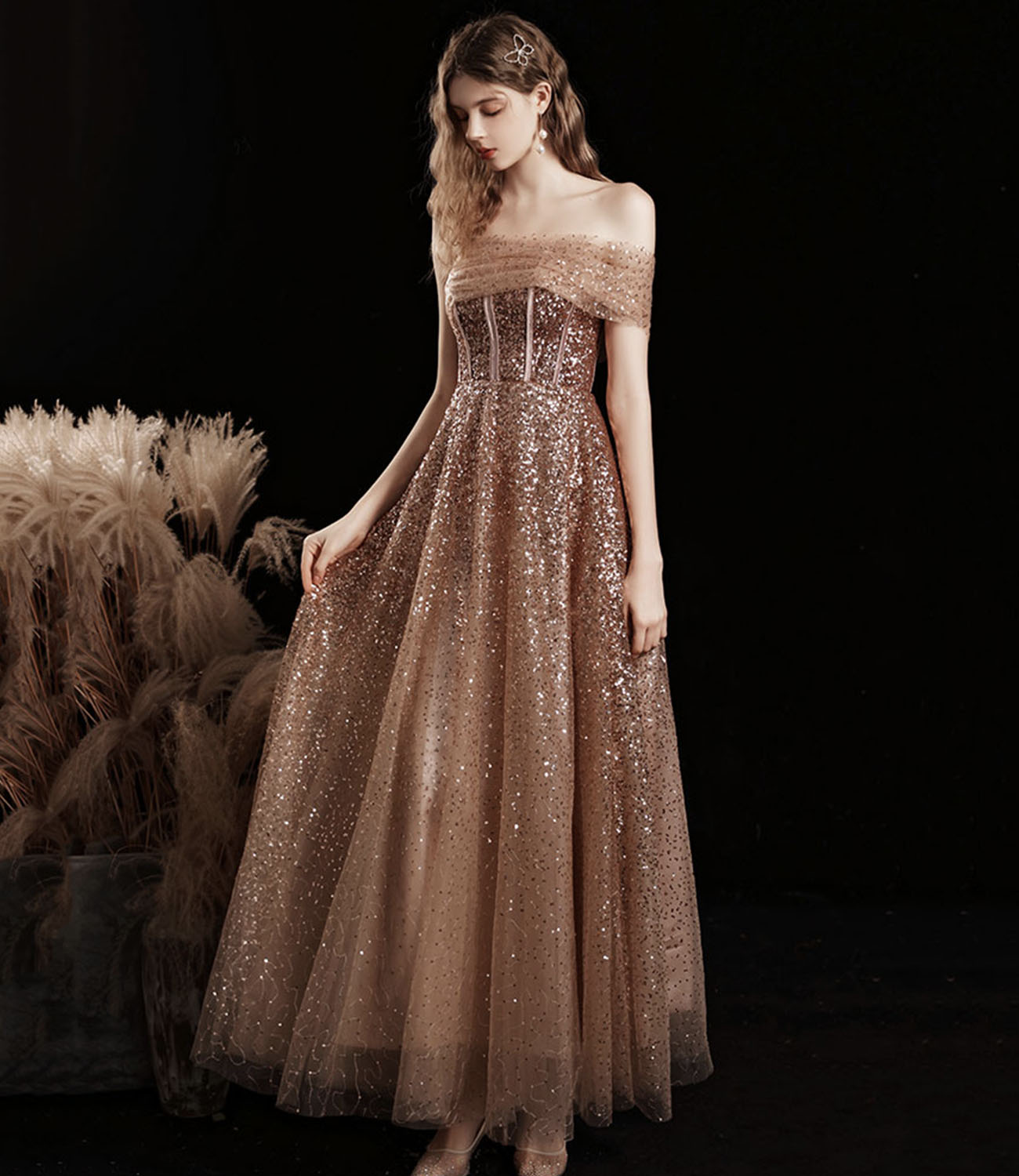 Shiny tulle sequins tea length prom dress evening dress 10412