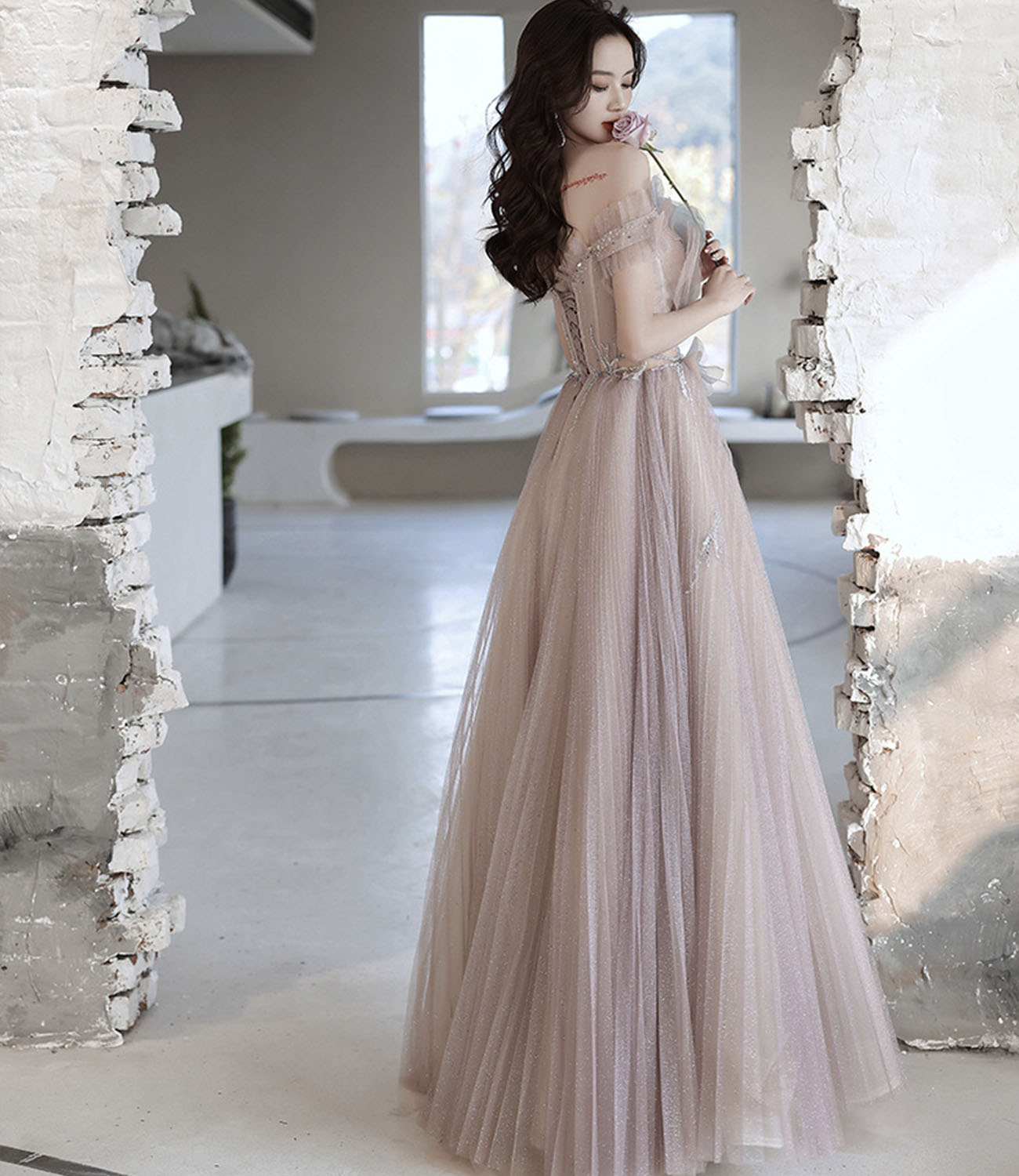 Cute tulle long prom dress A line evening dress 10426