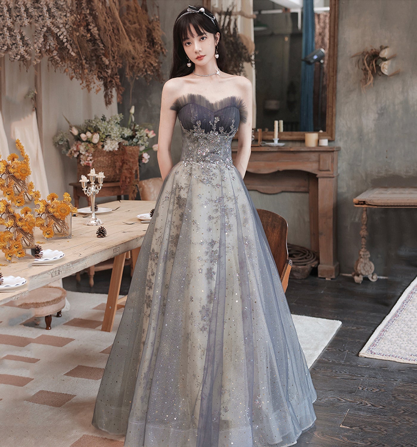 Cute tulle sequins long prom gown A line evening gown 10008