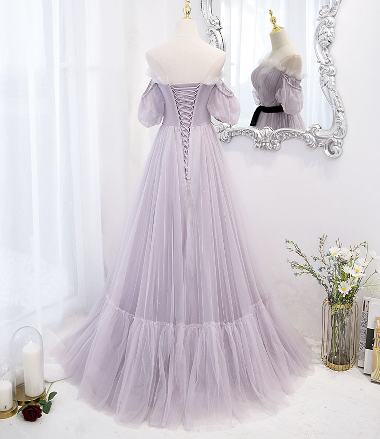 Purple tulle long prom dress A line evening dress 10446