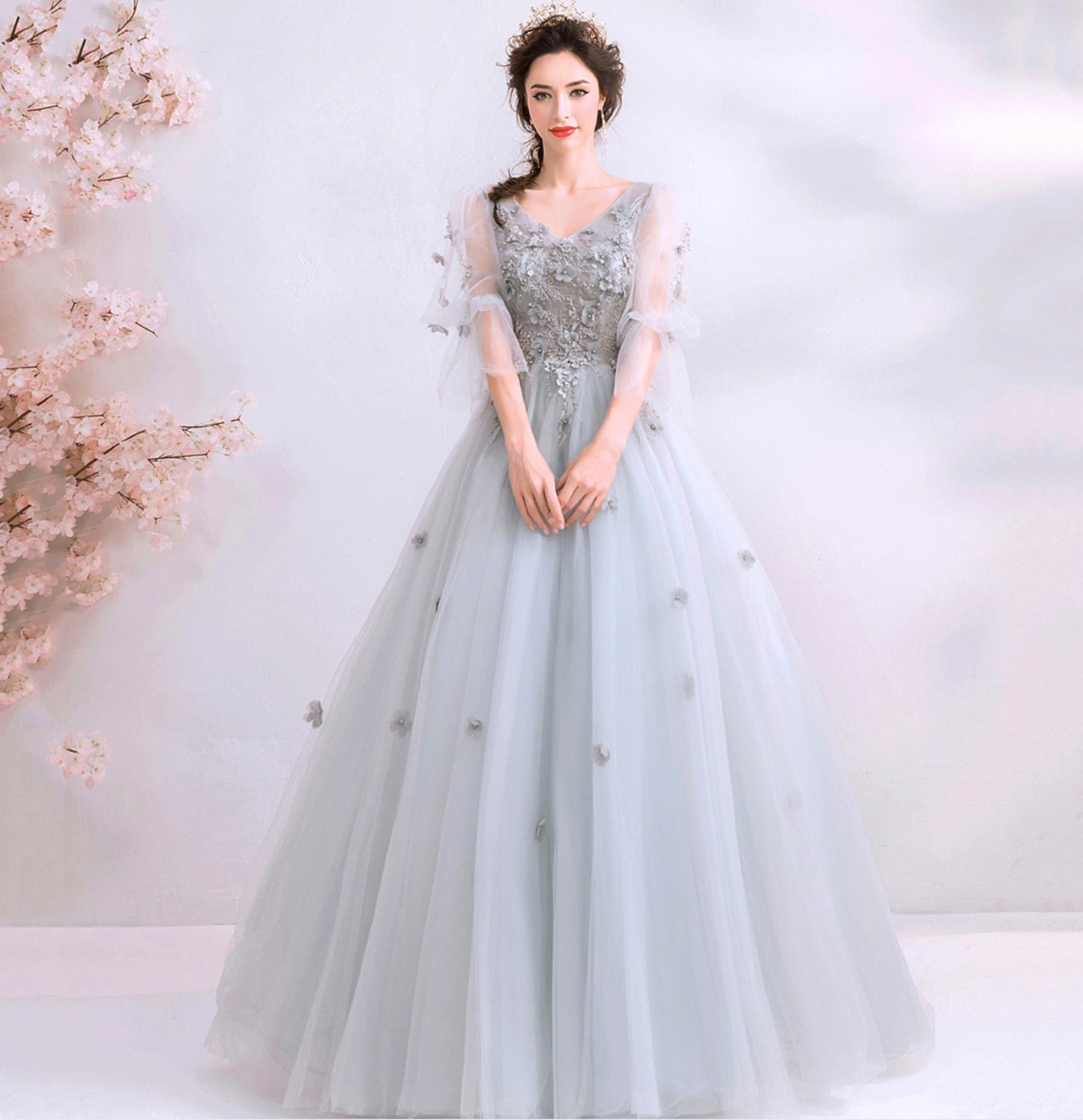 Gray tulle applique long prom dress evening gown 10100