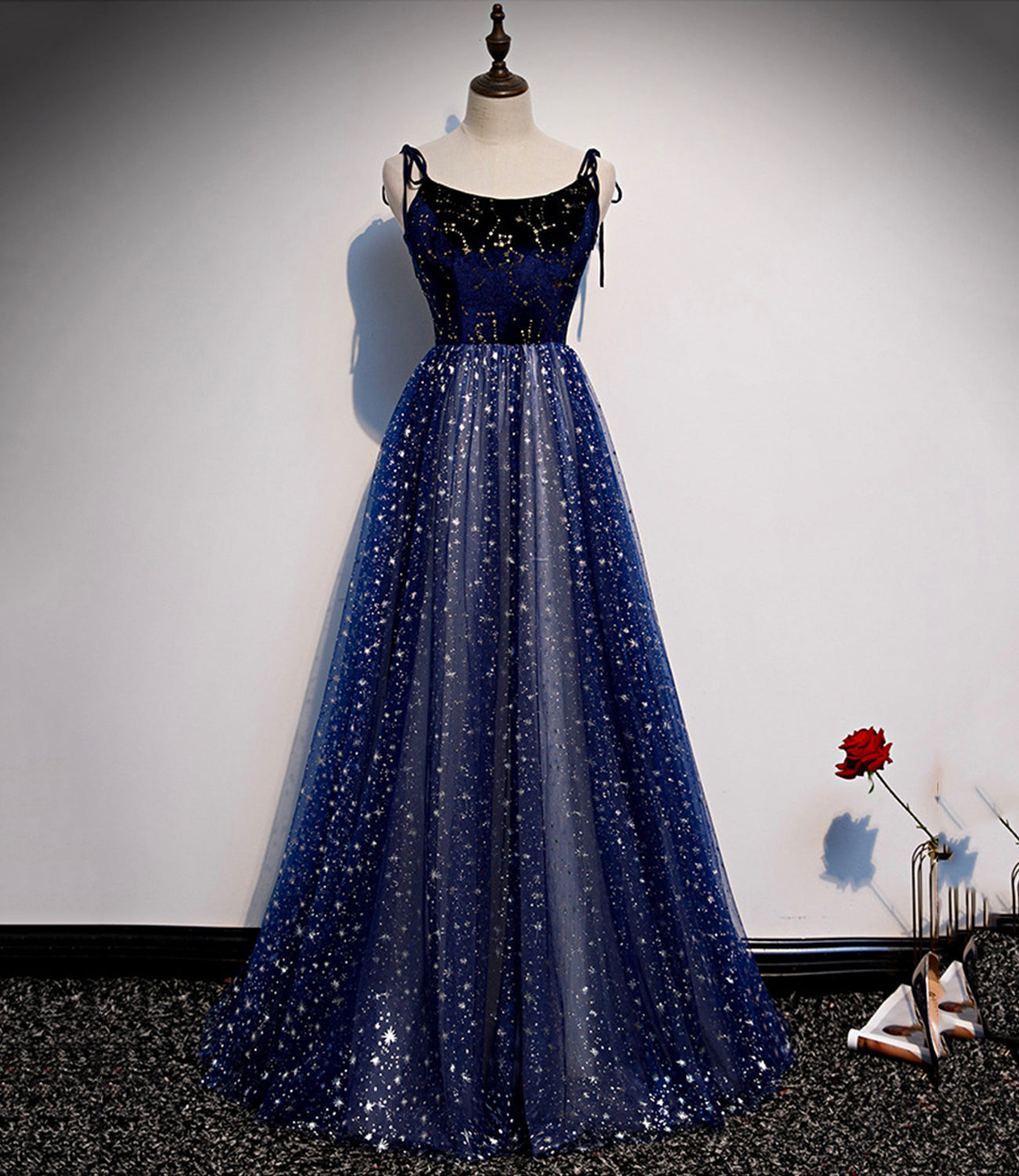 Blue velvet tulle long prom dress A line evening dress 10515