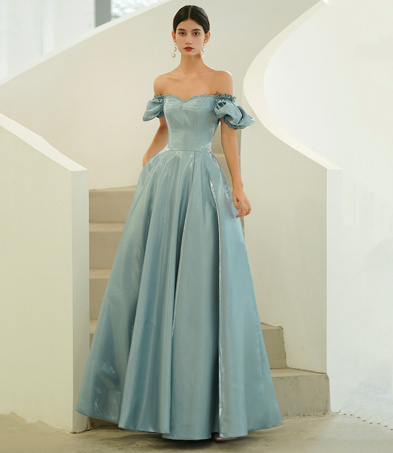Blue satin long A line prom dress blue evening dress 10215